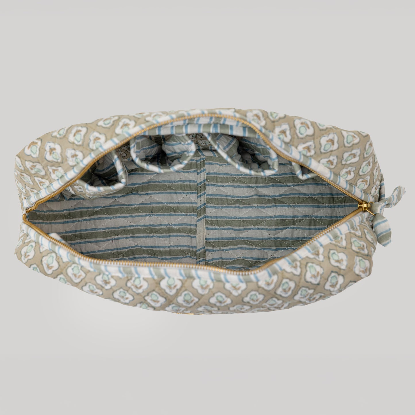 Sage Bloom Hand Block Printed Quilted Hair Tool Bag