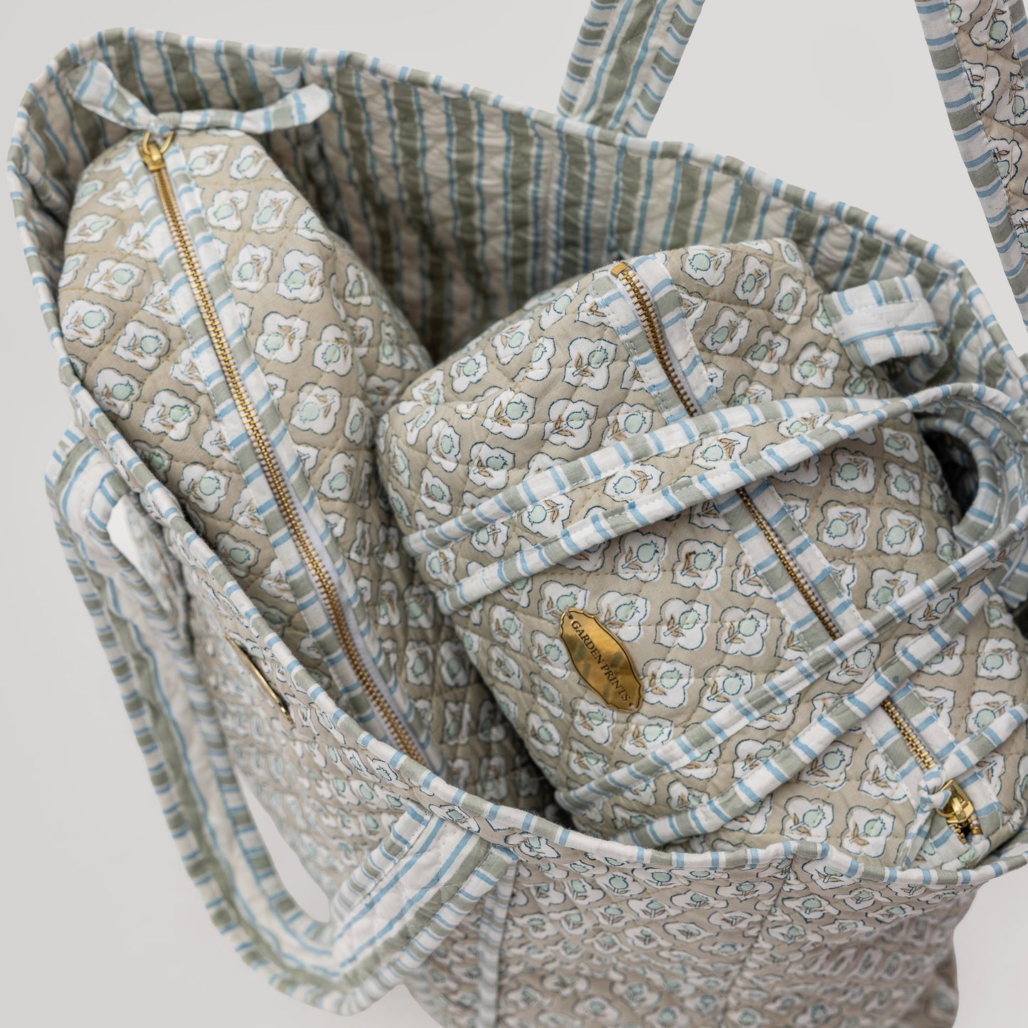 Sage Bloom Hand Block Printed Quilted Cosmetic Bag