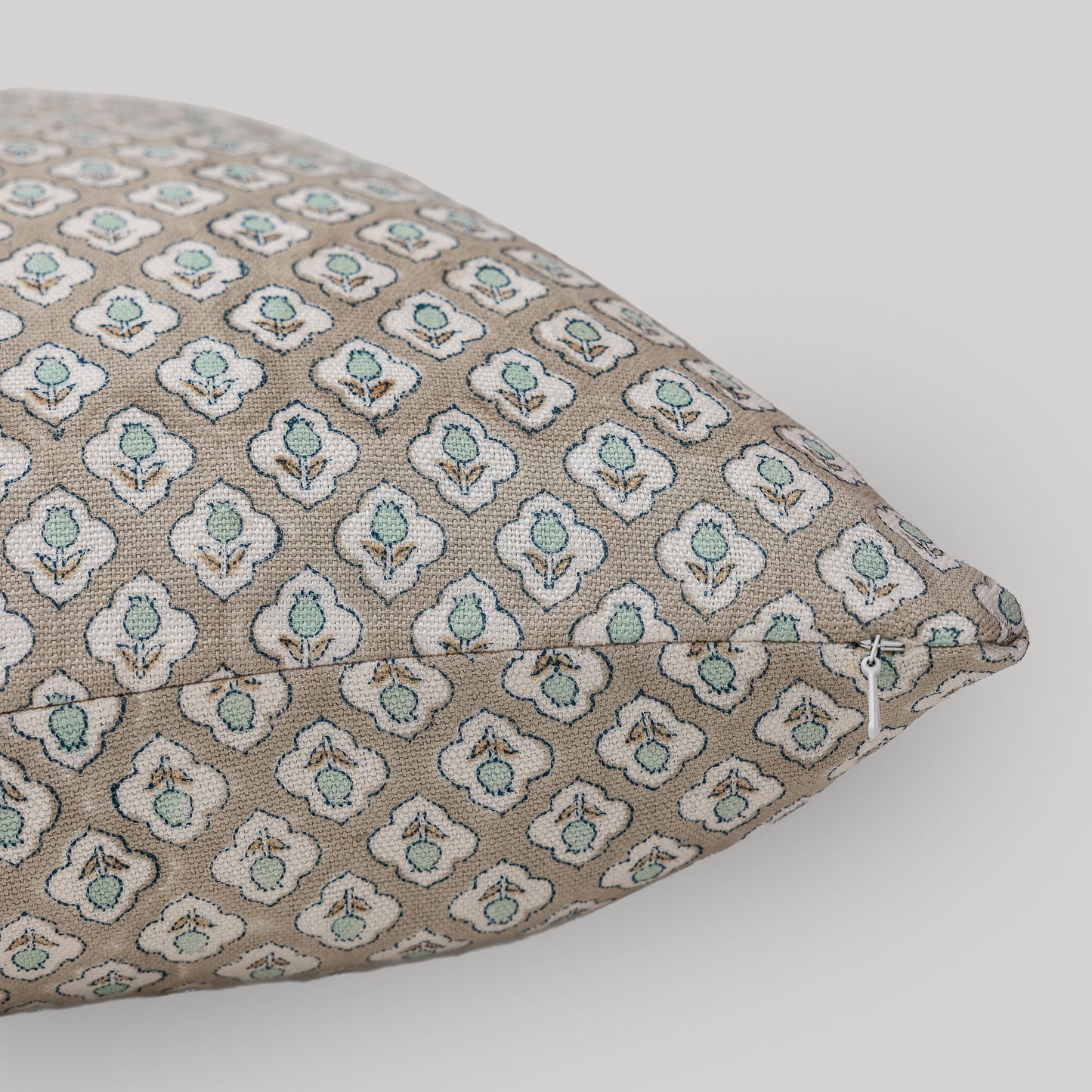 Sage Bloom Hand Block Printed Linen Pillow Cover