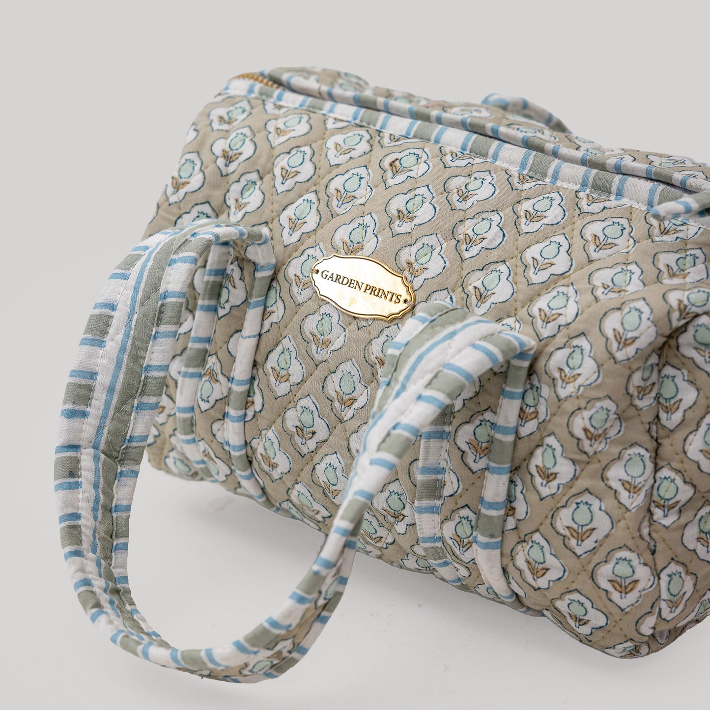 Sage Bloom Hand Block Printed Quilted Cosmetic Bag