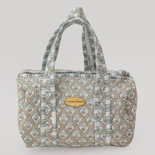 Sage Bloom Hand Block Printed Quilted Cosmetic Bag