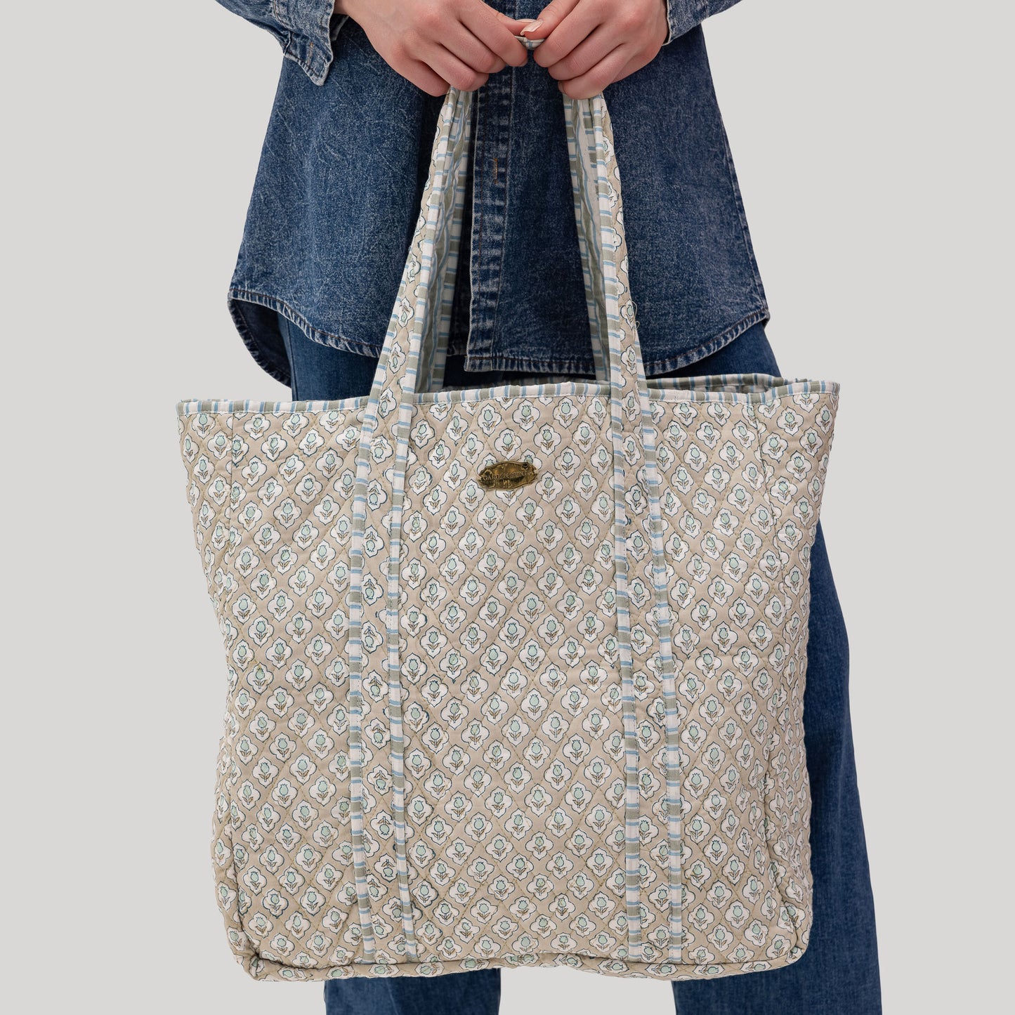 Sage Bloom Hand Block Printed Quilted Tote Bag