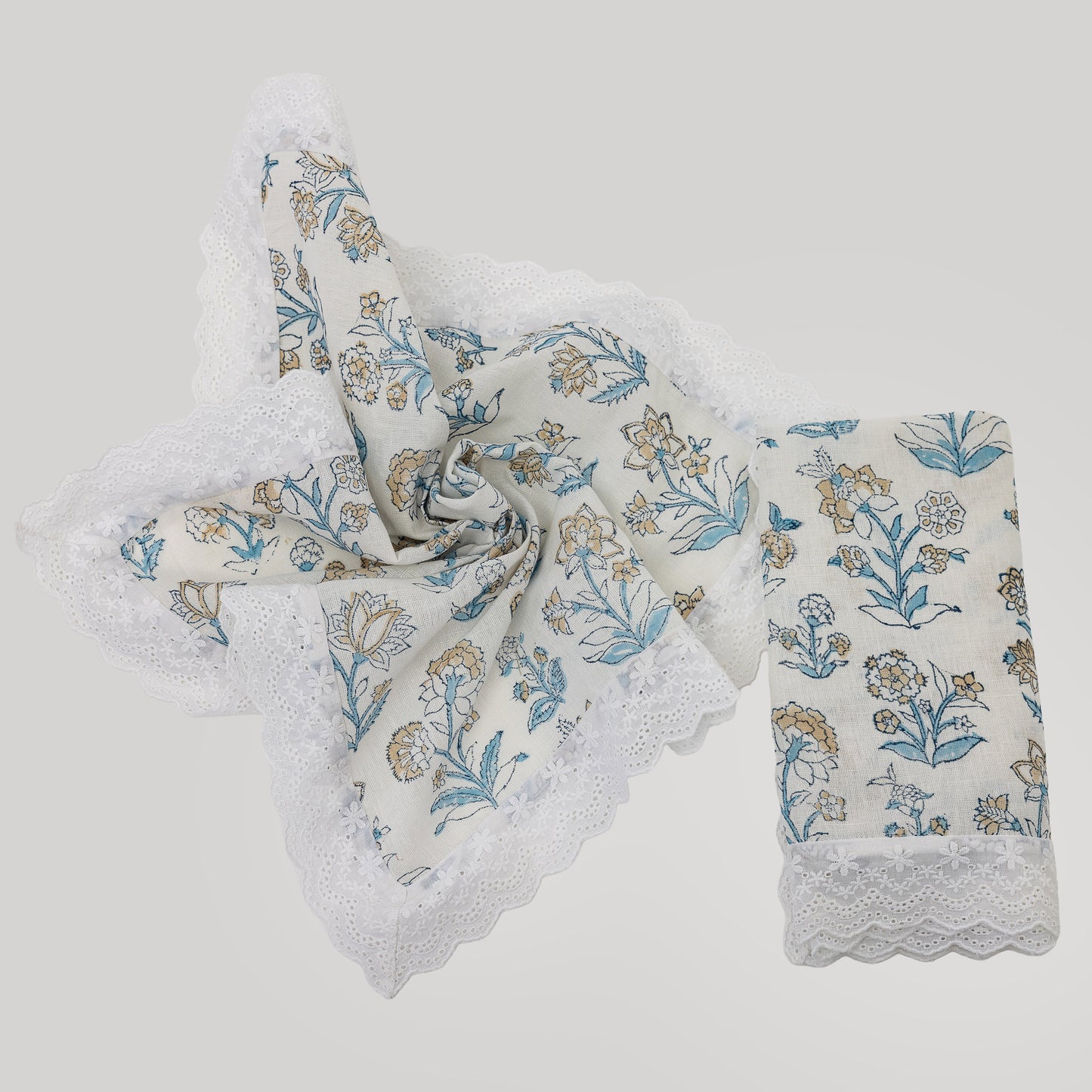Flora Bloom Hand Block Printed Cotton Linen Napkins (Set of 4)