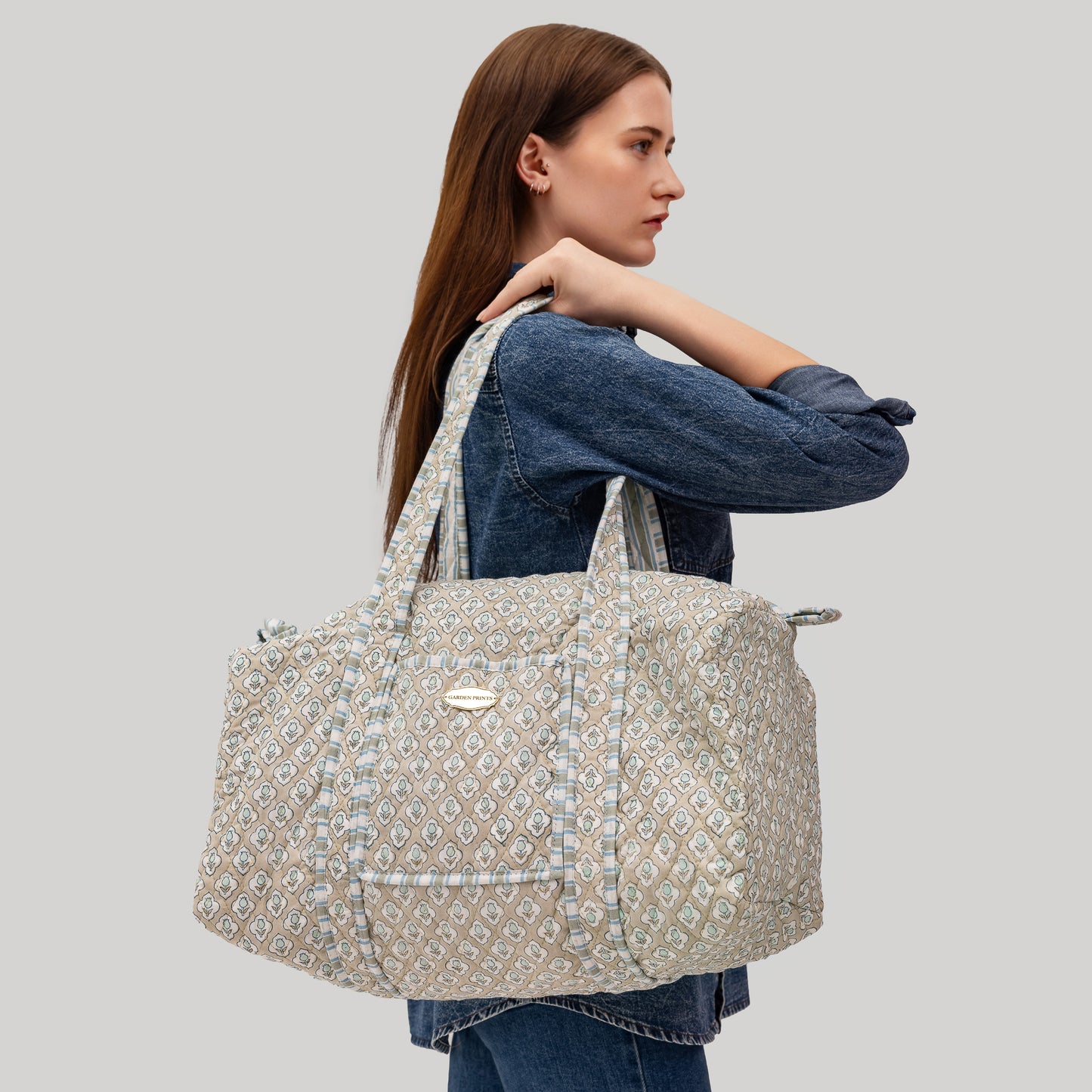 Sage Bloom Hand Block Printed Quilted Duffel Bag