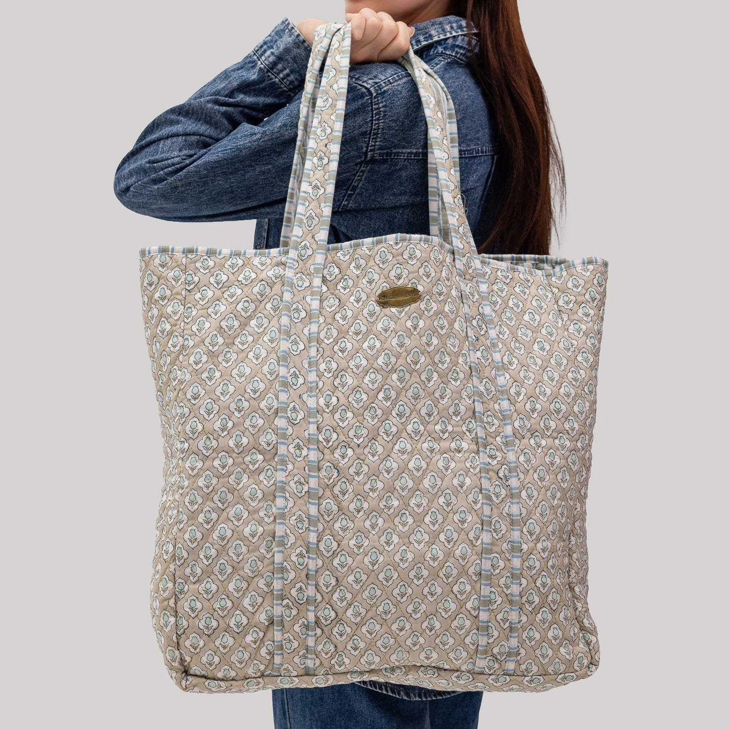 Sage Bloom Hand Block Printed Quilted Tote Bag
