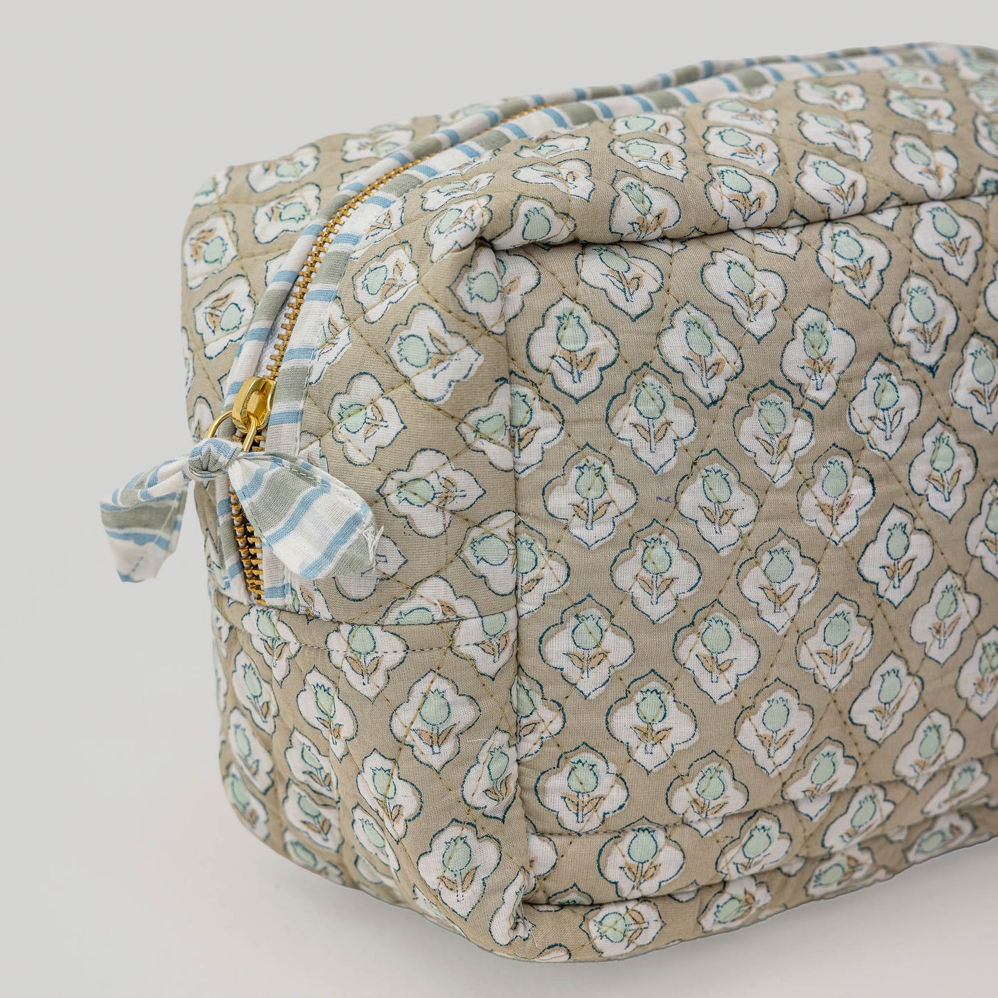 Sage Bloom Hand Block Printed Quilted Hair Tool Bag