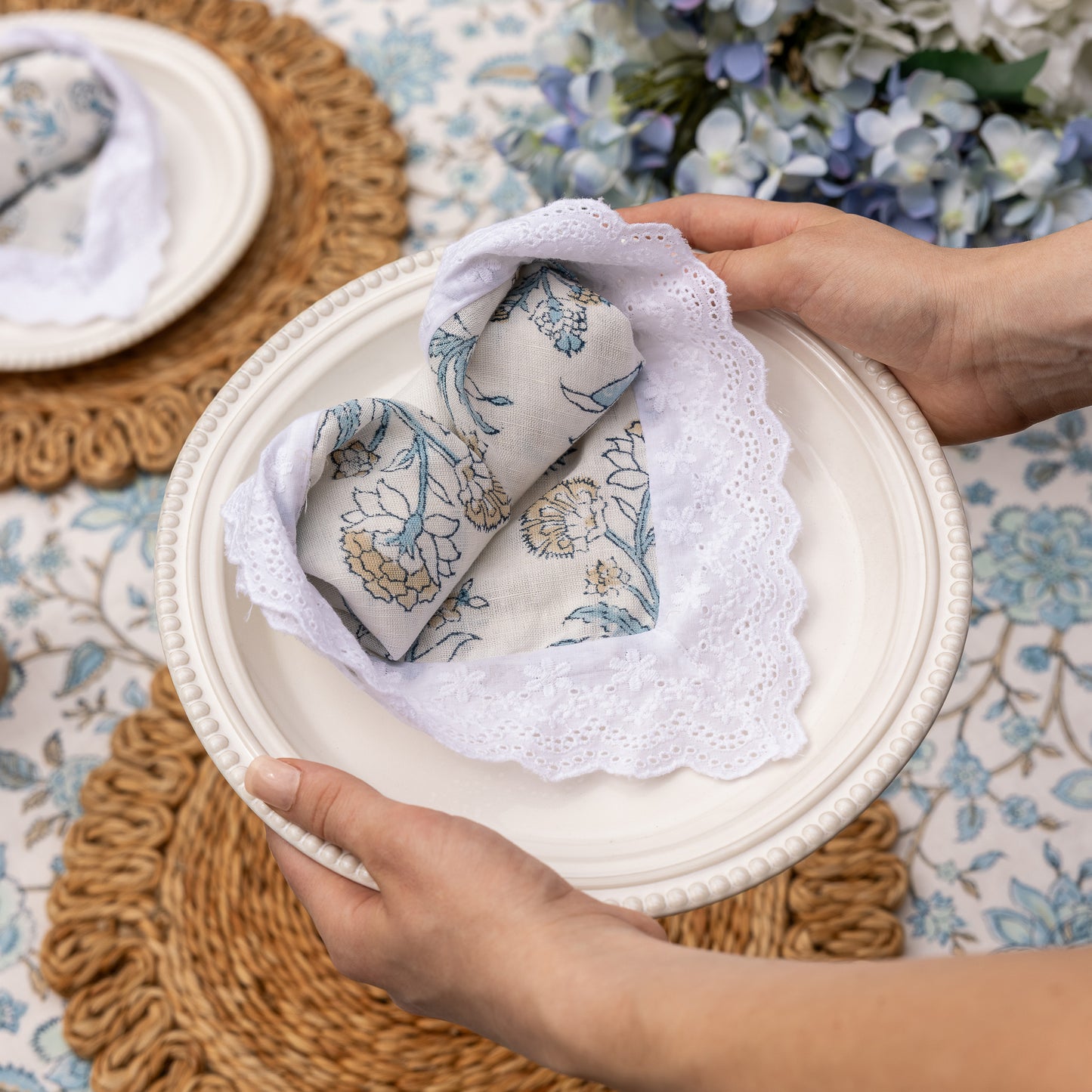 Flora Bloom Hand Block Printed Cotton Linen Napkins (Set of 4)