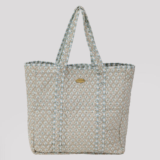 Sage Bloom Hand Block Printed Quilted Tote Bag