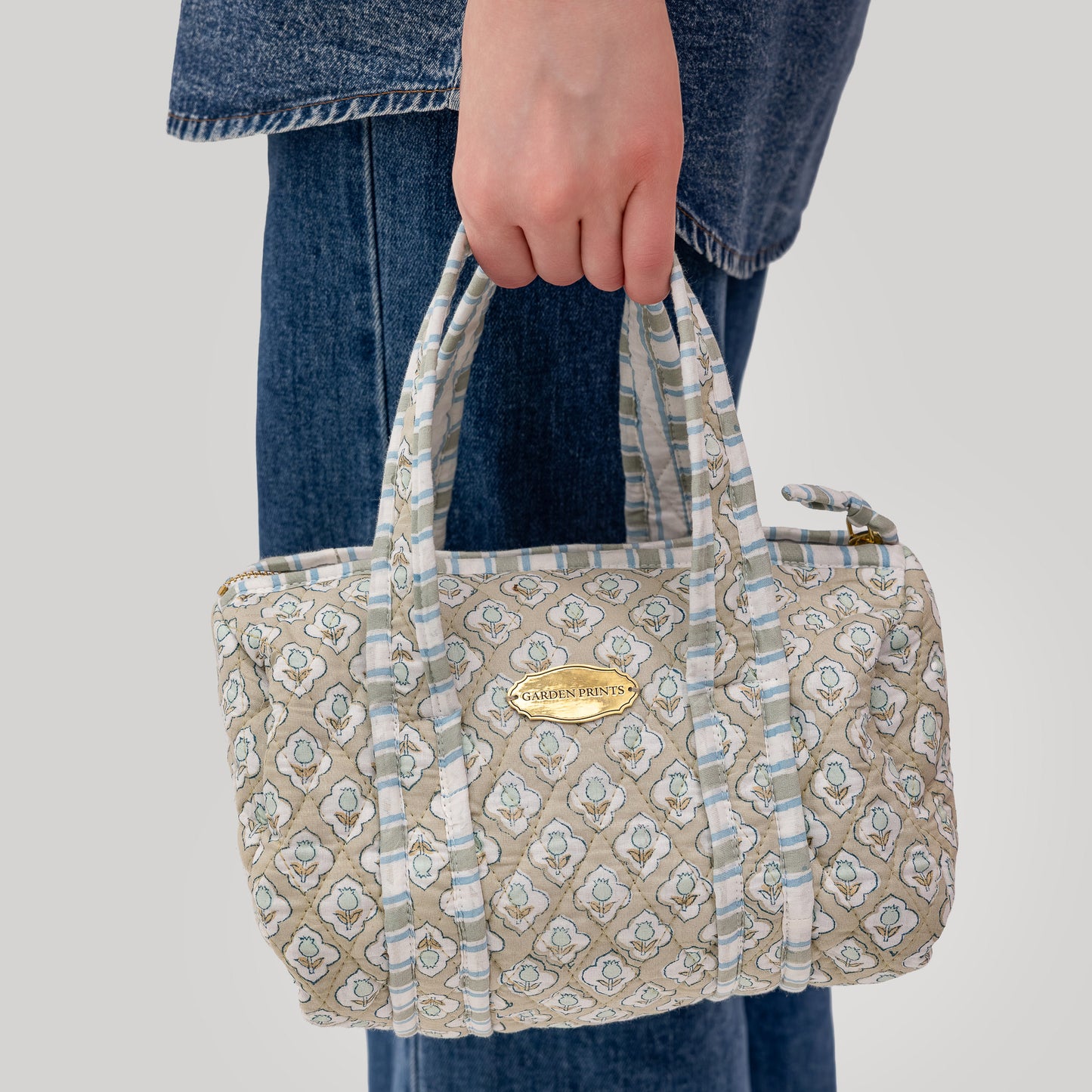 Sage Bloom Hand Block Printed Quilted Cosmetic Bag