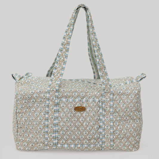 Sage Bloom Hand Block Printed Quilted Duffel Bag