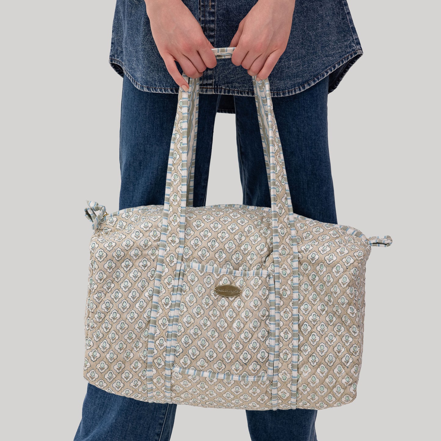 Sage Bloom Hand Block Printed Quilted Duffel Bag