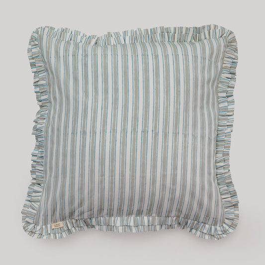 Prairie Stripe Hand Block Printed Pillow Cover with Ruffle