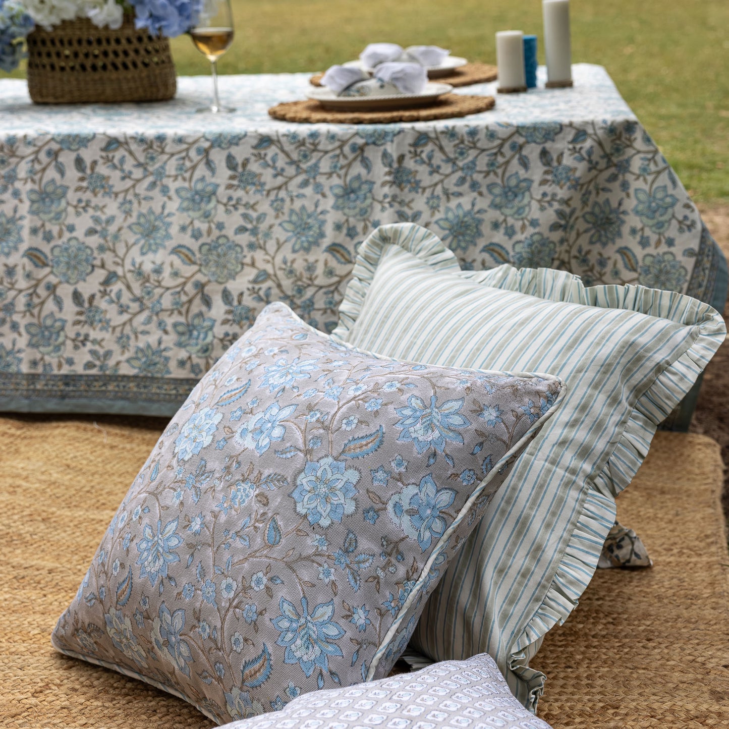 Lumiere Hand Block Printed Linen Pillow cover with Piping