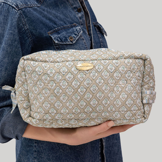 Sage Bloom Hand Block Printed Quilted Hair Tool Bag